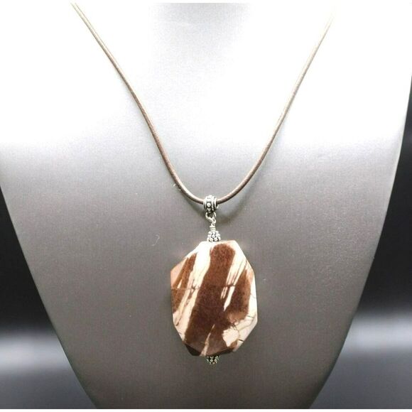 Unmarked Jewelry - Jasper Pendant Long Necklace Brown White Pinkish Color Stone Silver Tone